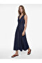 Seam Detailed Flounce Comfortable Fit V-Neck Sleeveless Long Denim Dress - 4