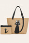 Cat Printed Leather Handle Straw Fabric Printed Beach Bag and Makeup Bag Set of Two