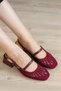 Women's Sandals Short Thick Heeled Knitted Shoes Mary Jane Burgundy - 2