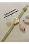 Trend Moda, Gold Color Case Women's Wristwatch, Retro Style Green Color Band, White Color Dial