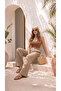 Women's Beige Linen Look Premium Textured High Waist Palazzo Trousers with Wide Legs - 3