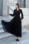 Embroidered V-Neck Chiffon Dress with Drawstring and Belt Detail 6036-Black - 3