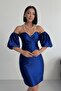 Bandeau Balon Sleeve Bodycon Mini Cobalt Blue Evening Dress - 4