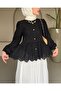 Elastic Sleeves, Openwork Buttons, Lined Shirt - Black - 4