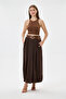 Italian Brown Elastic Waist Double Side Pockets Belted Pleated Tencel Skirt Size 38 - 44