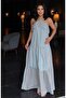 Women's Blue Striped Flounce Chiffon Strap Lined Dress - 2