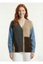 Denim Sleeve Detail Color Block V-Neck Knitwear Women's Cardigan