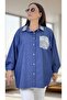 Buttoned Thin Denim Fabric Oversize Women's Shirt with Stone Print Detail on the Collar and Pockets - 7