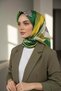 100% Twill Silk Geometric Patterned Khaki - Emerald Green Colored 90X90 Sewing Shape: Hand Sewing Scarf - 5