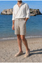 Men's White-Black Slim Fit Seersucker Striped Casual Stretch Shorts with Side Pockets - 3