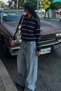 Navy Blue Striped Polo Neck Women's Knitwear Sweater Mg2470