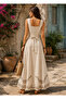 Women's Etamine Embroidered Linen Square Neck Belted Bohemian Dress - 3