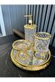 Premium Gold Glass Bathroom Set 4 Pieces with Mirrored Tray Crystal Patterned Liquid Soap Dispenser Toothbrush Holder Soap Dish Luxury Bathroom Accessory - 3