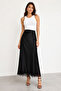 Black Satin Lace Detailed Long Skirt – High Waist, Elastic Inside, A-Line -