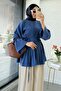 Ribbed Front Detail Flounce Sleeve Tunic - Indigo - 4