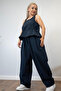 Women's Navy Blue Belted Trousers Set - Comfortable Fit with Elastic Waist, Two-Piece Set - 3