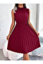 Burgundy Ruffle Neck Pleated Knee Length Dress - 5