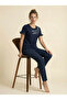 Women's Pajama Set 100% Cotton Star Pattern Bow Detailed Short Sleeve Navy Blue Color Top-Bottom Set - 2