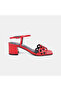 Women's Red Laser Cut Heeled Leather Sandals - 2