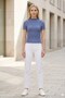 Women's Blue Gathered Textured Blouse Slim Fit Short Sleeve High Collar Stretchy Modern Stylish Top Blouse