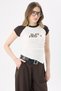 Crep Women's Slay Friday Printed Raglan Sleeve Asymmetrical Cut Crop T-Shirt Cotton Ribbed Ecru Brown