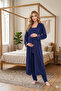 New Season Navy Blue Long Dressing Gown with Straps Special Design Summer 100% Cotton Maternity Dressing Gown Pajama Set - 5