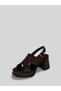 Elyzara Women's Leather Cross-Strapped Thick Heel Gold Buckle Wood Look Open-Front Heeled Sandals 7 cm - 6