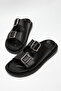 Women's Black Leather Comfortable Fit Double Buckle Non-Slip Slippers