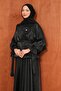 Black Balloon Sleeve Waist Detailed Evening Dress - 2