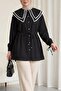 Poplin Tunic with Lace Collar, Tie at the Waist and Tie-Down Sleeves - Black