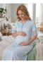New Season Blue Lace Detailed Special Design Summer 100% Cotton Short Sleeve Buttoned Maternity Nightgown