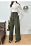 New Season Double Buttoned Double Lace-Up Elastic Back Flexible Woven Fabric Loose Leg Wide Leg Palazzo Pants - 2