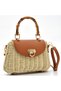 Earth Tone Straw Texture Exotic Bamboo Handle Natural Knitted Vegan Leather Flap Cover Hand Shoulder Bag - 3
