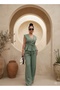 Double Breasted Collar Lace-Up Elastic Zero Sleeve Top Size Elastic Waist Pocket Palazzo Trousers Linen Suit