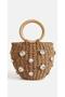 Stone Embellished Straw Round Handle Stylish Beach and Daily Handbag Tan