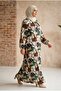 Plus Size Retro Patterned Viscose Hijab Dress - Forest Green & Coffee - Comfortable Fit, Spring Season - 3