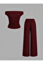 Burgundy Side Gathered Off-Shoulder Loose Pants Top and Bottom Set - 2