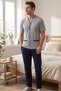 Men's Plain Front Buttoned Short Sleeve Gray Pajama Set 8102