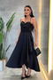 Satin Fabric Degaje Collar Midi Dress - Black - 2