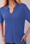 Polo V-Neck Short Sleeve Openwork Leaf Patterned Summer Fresh Airy Viscose Knitwear T-Shirt - 6