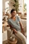 Women's Gray Melange Soft Camisole Fabric V-Neck Off-Shoulder Sweater Blouse - 5