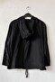 Black Hooded 3/4 Sleeve Embroidered Casual Cotton Woven Jacket with Zipper Pockets 60 60 - 3