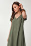 V-Neck Summer Flowy Viscose Dress Len0022 Khaki - 3
