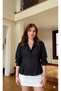 Women's Black Pleated Stylish White Poplin Shirt with Pockets and Waist Tie