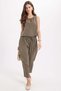 Women's Standard Fit Regular Cut Sleeveless Lycra Crew Neck Blouse Wide Leg Khaki Trousers Set - 3