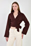 Women's Double-Breasted Collar Side-Tie Long Sleeve Shirt - Bitter Brown - 4