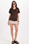 Women's Oversize Relaxed Fit Asymmetric Collar Short Sleeve Brown Viscose Blouse - 2