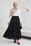 Elastic Waist Lace Detailed Embossed Lined Voile Skirt - Black - 4