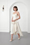 Women's Ecru Degaje Collar Strap Midi Satin Evening Dress - 2