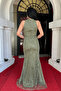 Full Beaded Fabric Halter Neck Evening Dress - Khaki Green - 5